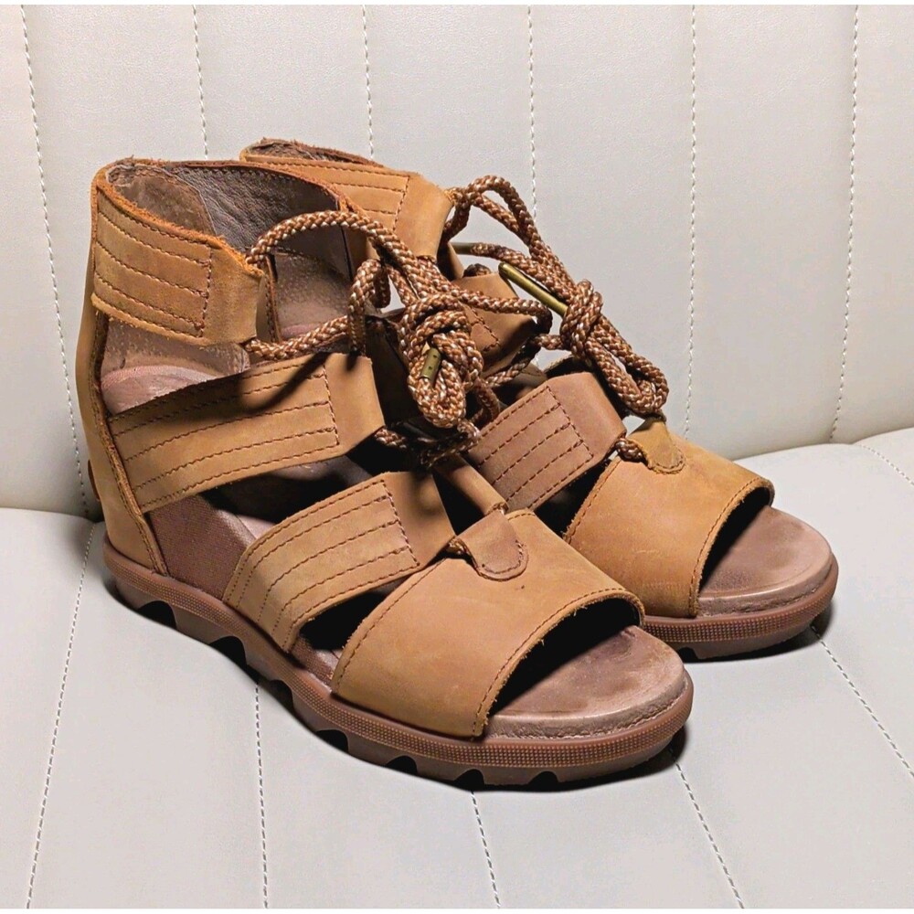 Sorel Joanie II Women's Lace Up Brown Tan Leather Wedge Strappy Fall Sandals 6.5